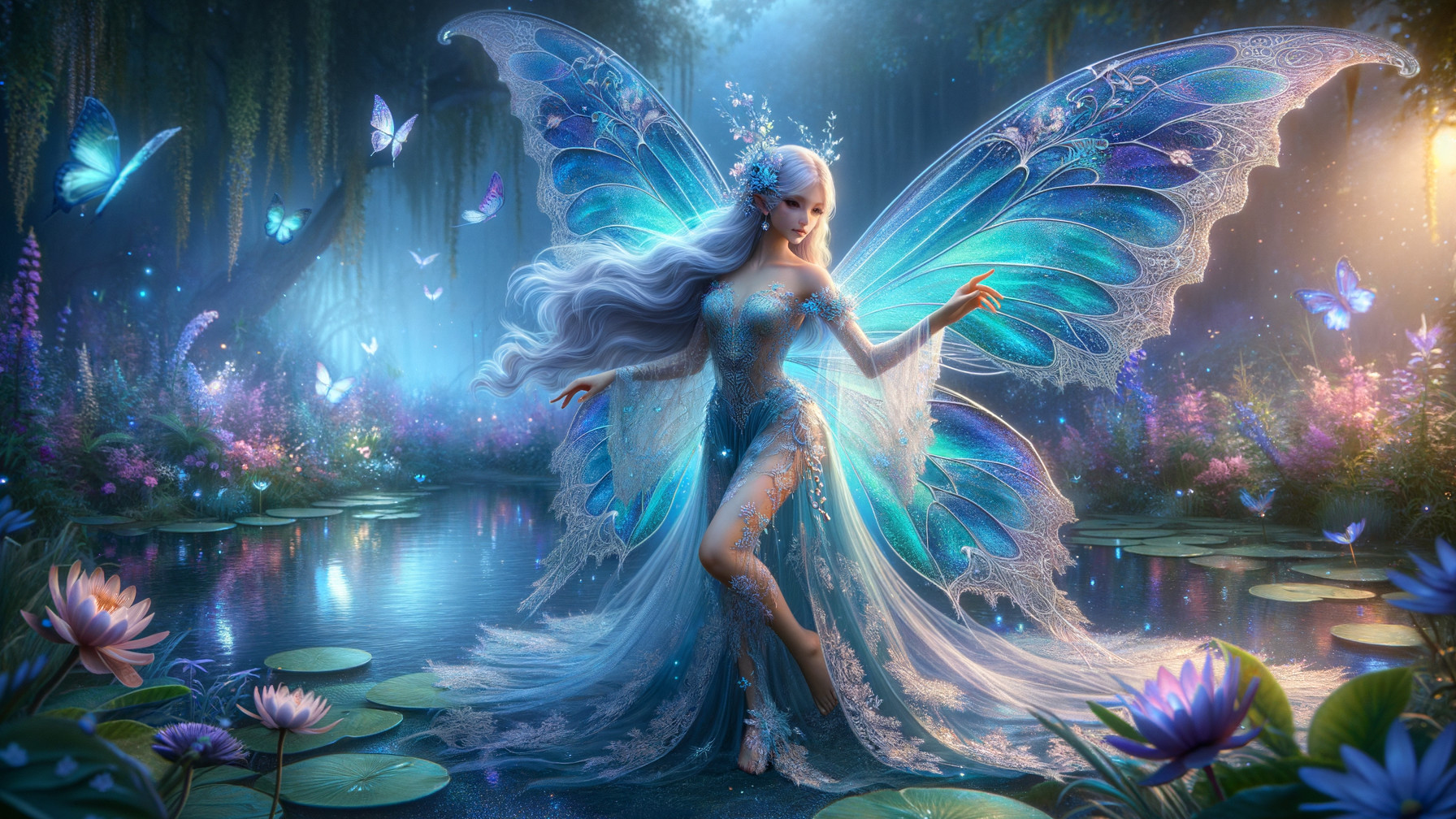 Fairy Dancing by a Tranquil Pond in a Magical Forest