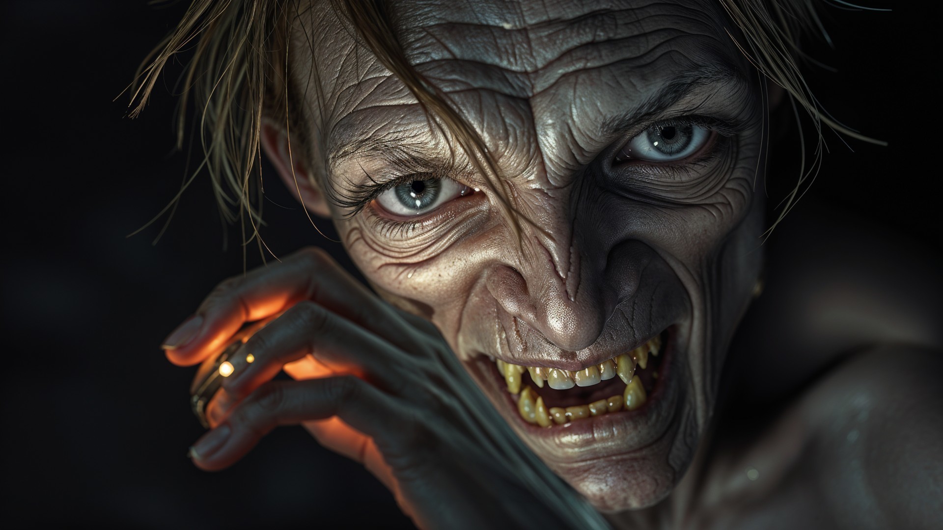 Close-up of a grotesque creature with sharp teeth