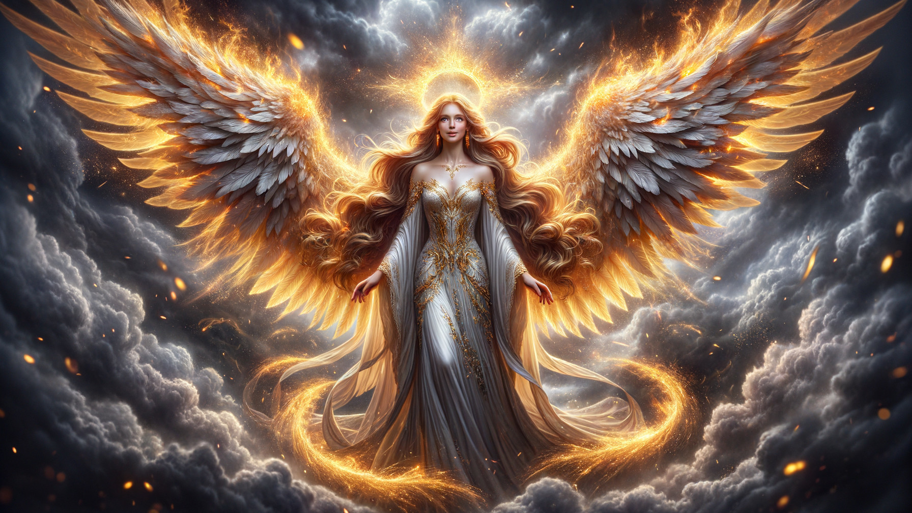 Majestic angel with luminous wings in swirling clouds