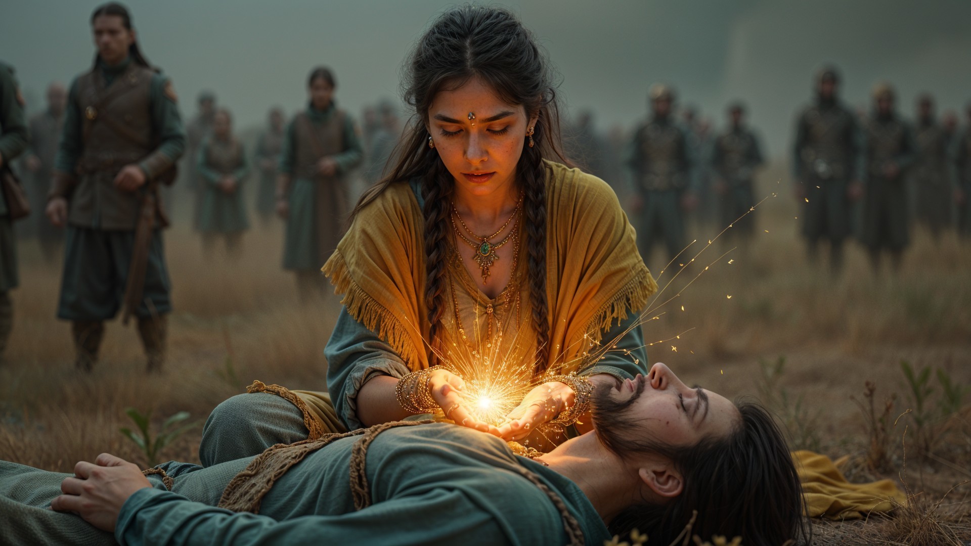 Woman Heals Wounded Man on Mystical Battlefield