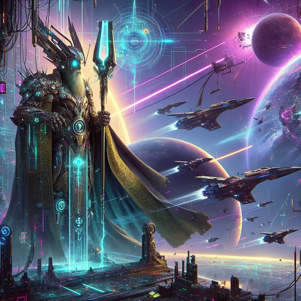 Armored Figure in Futuristic Cosmic Landscape