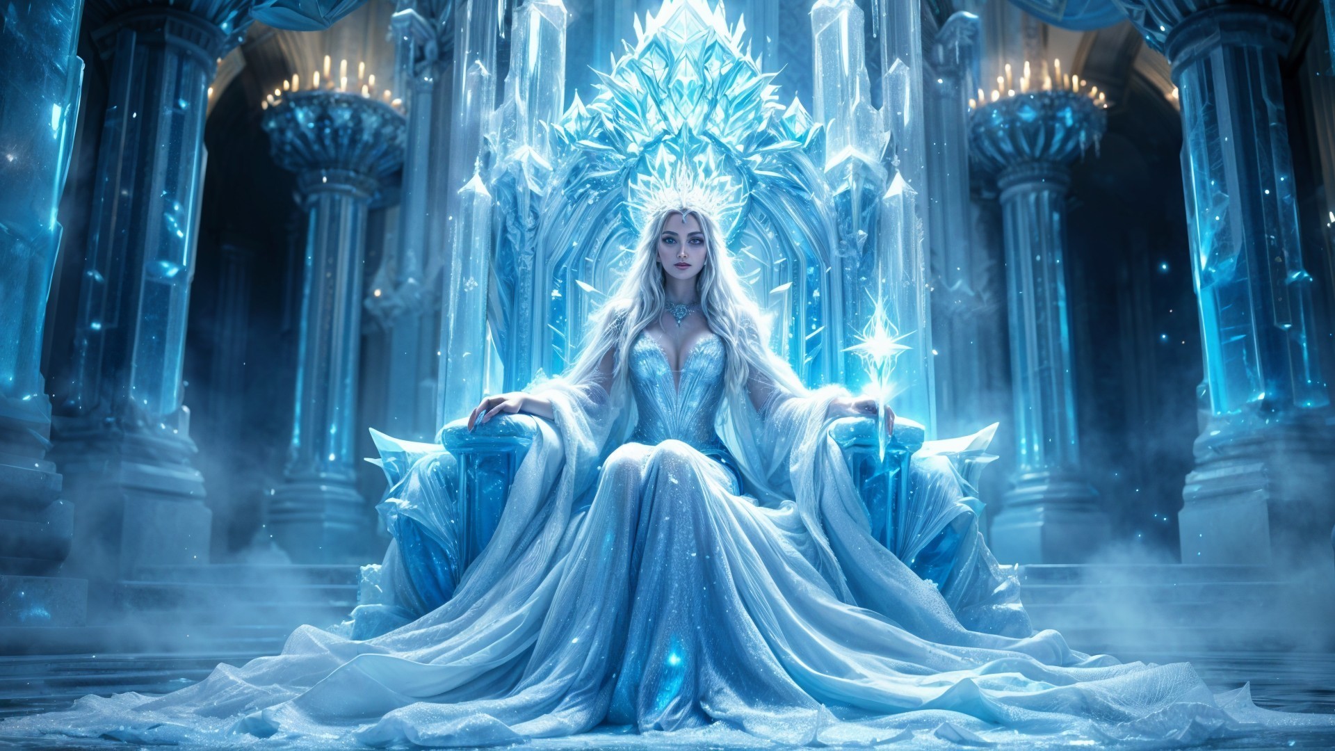 Majestic Ice Queen on Throne of Shimmering Ice