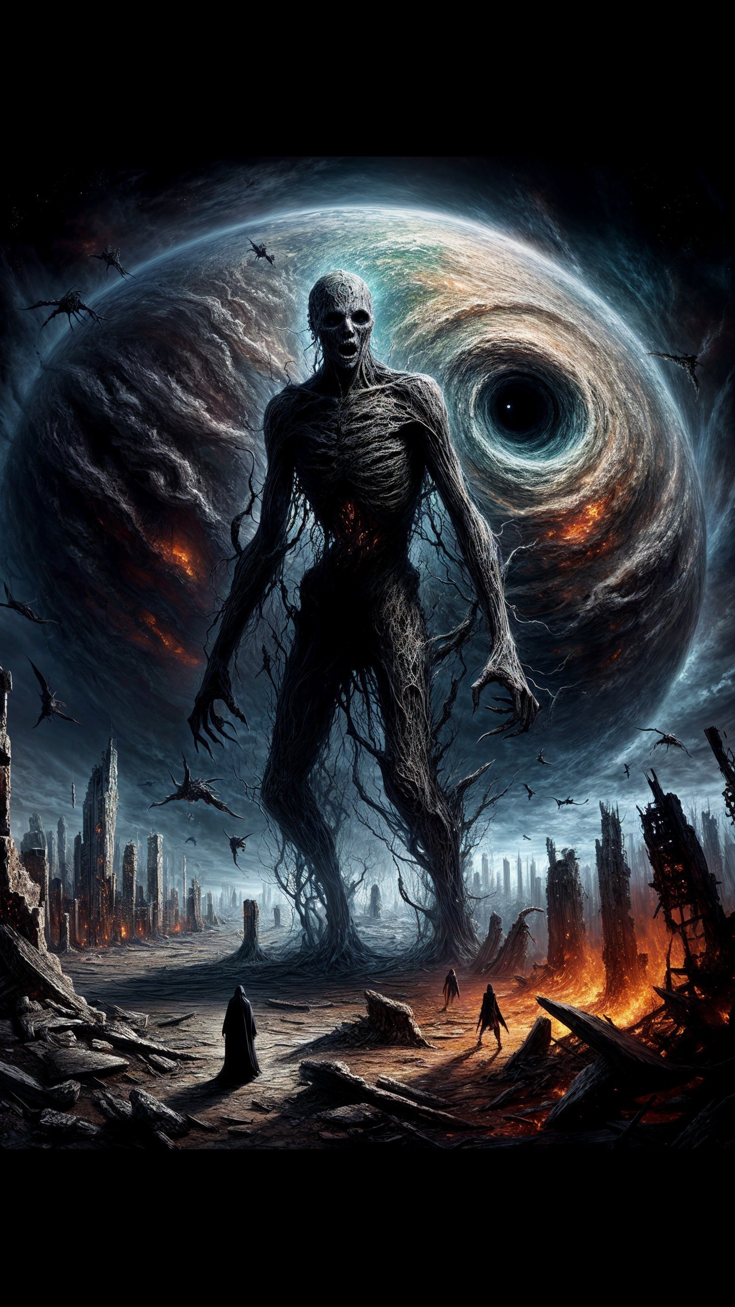 Colossal Skeletal Figure in Desolate Ruins Landscape