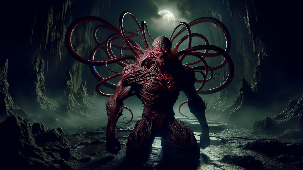 Monstrous Tentacled Creature in Dark Cavern Setting