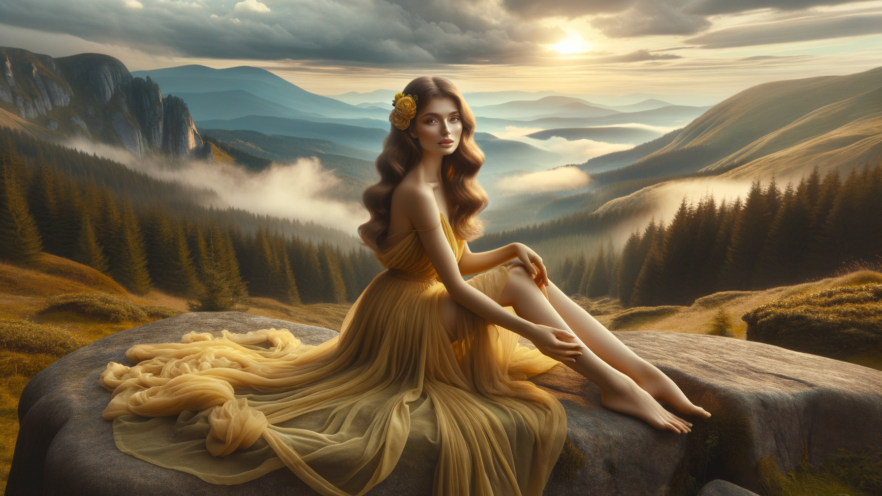 Young Woman in Yellow Gown Amid Scenic Sunset Landscape