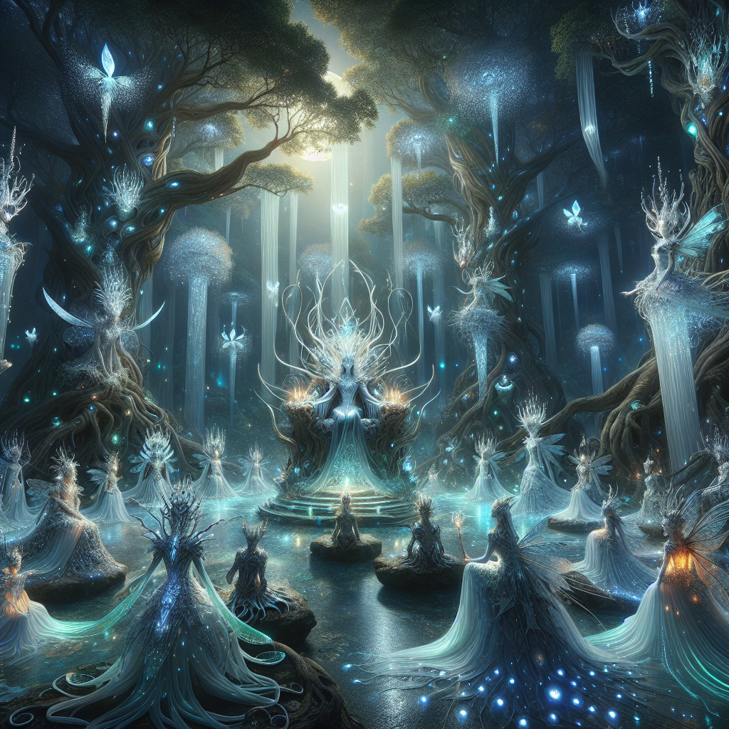 Mystical Forest with Luminescent Beings and Throne