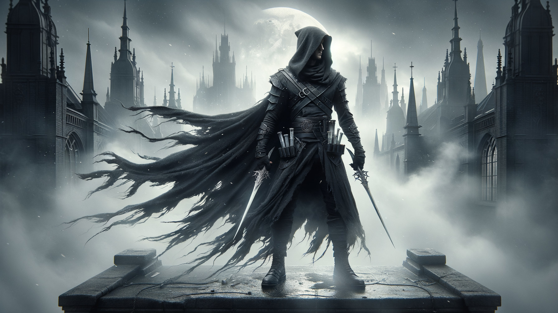 Cloaked Figure on Pedestal in Gothic Fantasy Setting