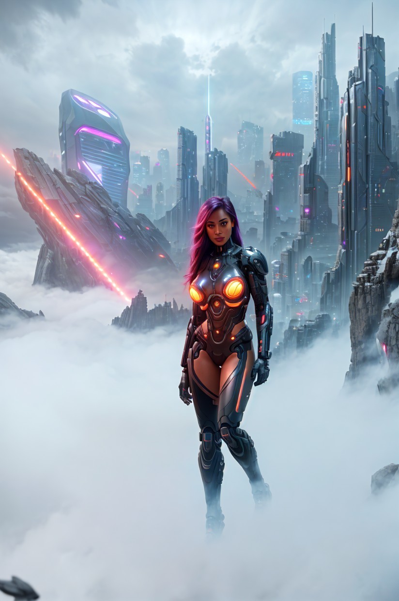 Futuristic Female Warrior in High-Tech Armor Landscape
