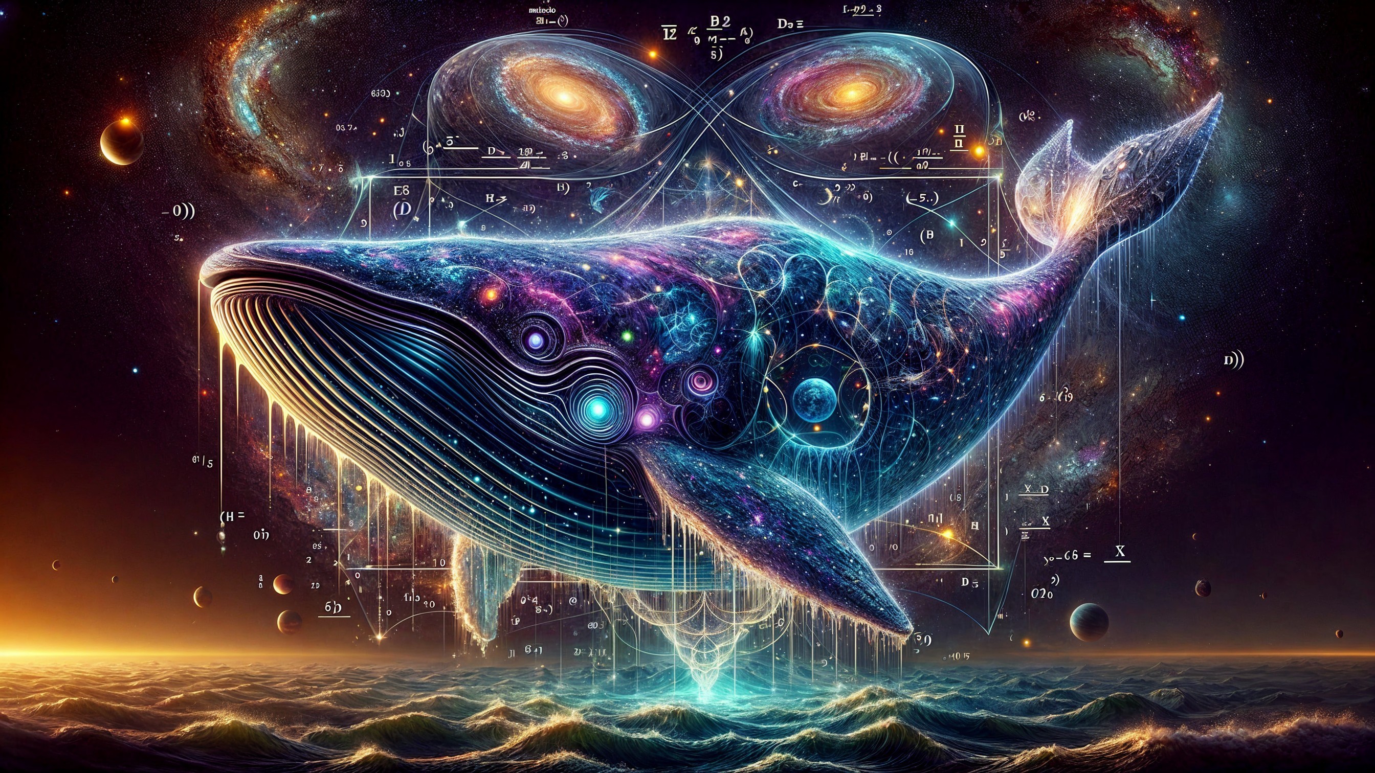Cosmic Whale Surrounded by Galaxies and Equations