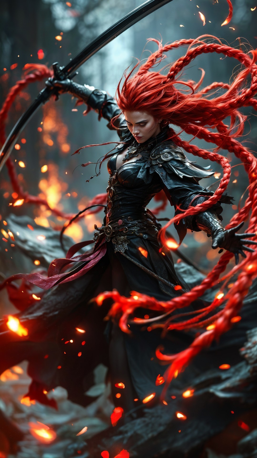 Fierce warrior in mystical forest with fiery hair