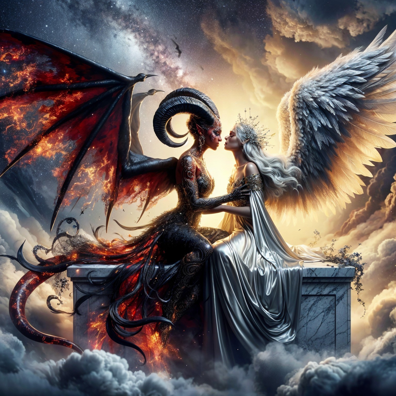 Demon and Angel in Ethereal Celestial Confrontation