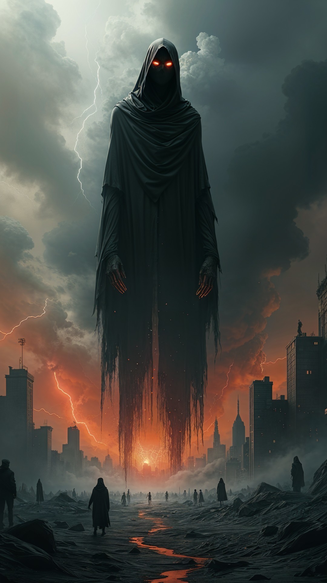 Dystopian Cityscape with Ominous Cloaked Figure