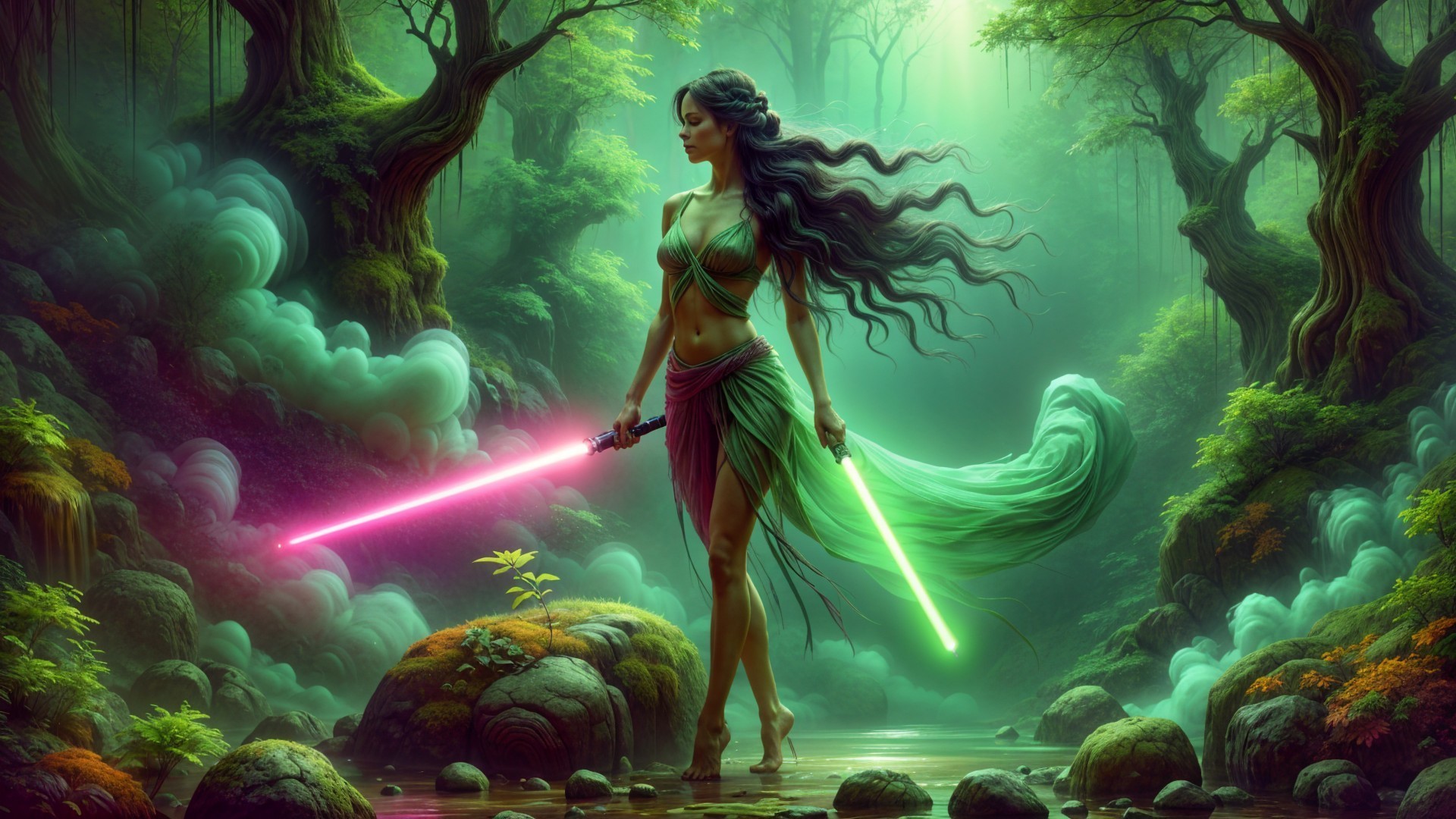Warrior with Dual Lightsabers in Mystical Forest