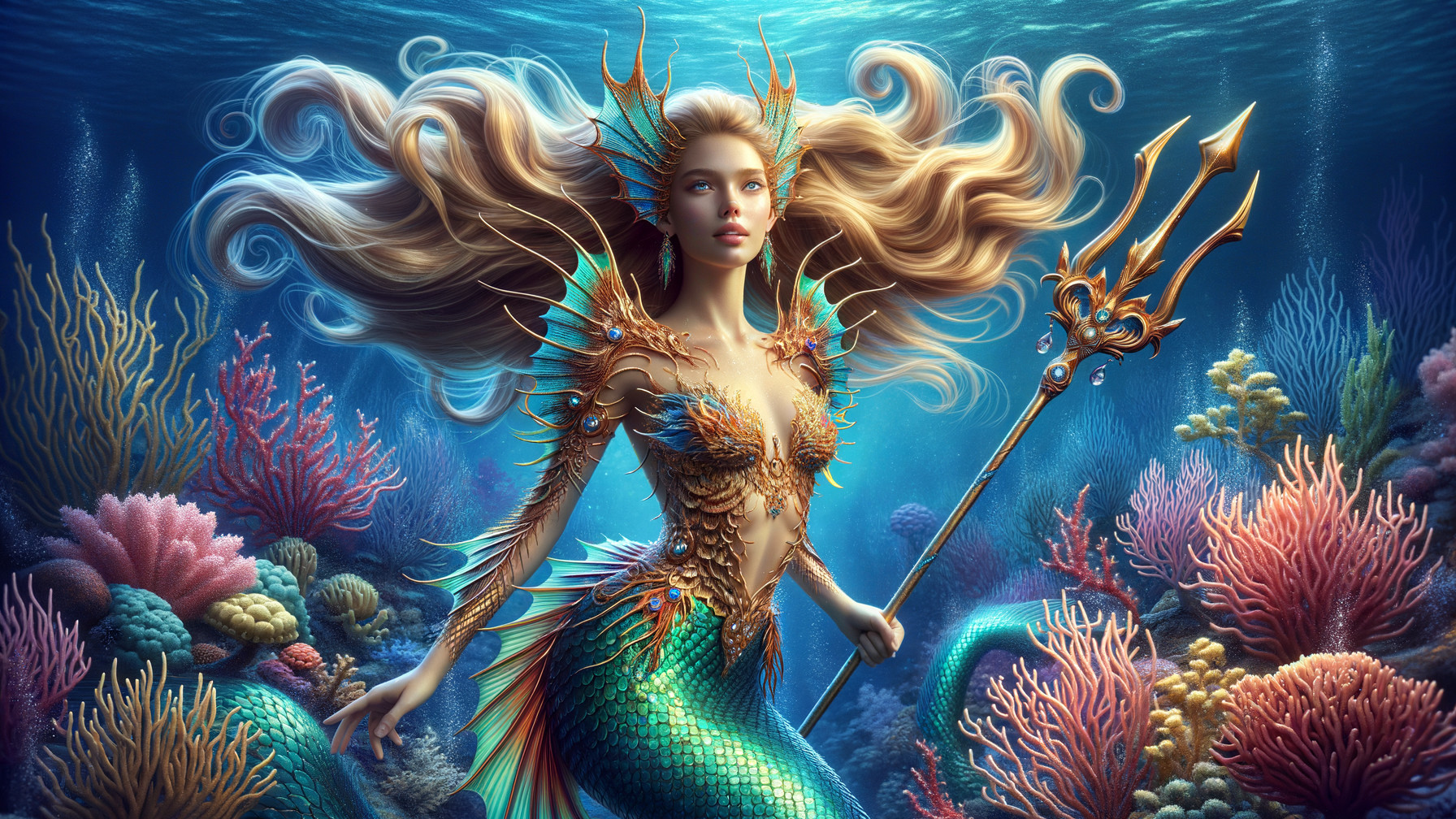 Underwater Scene with a Mermaid and Coral Reefs