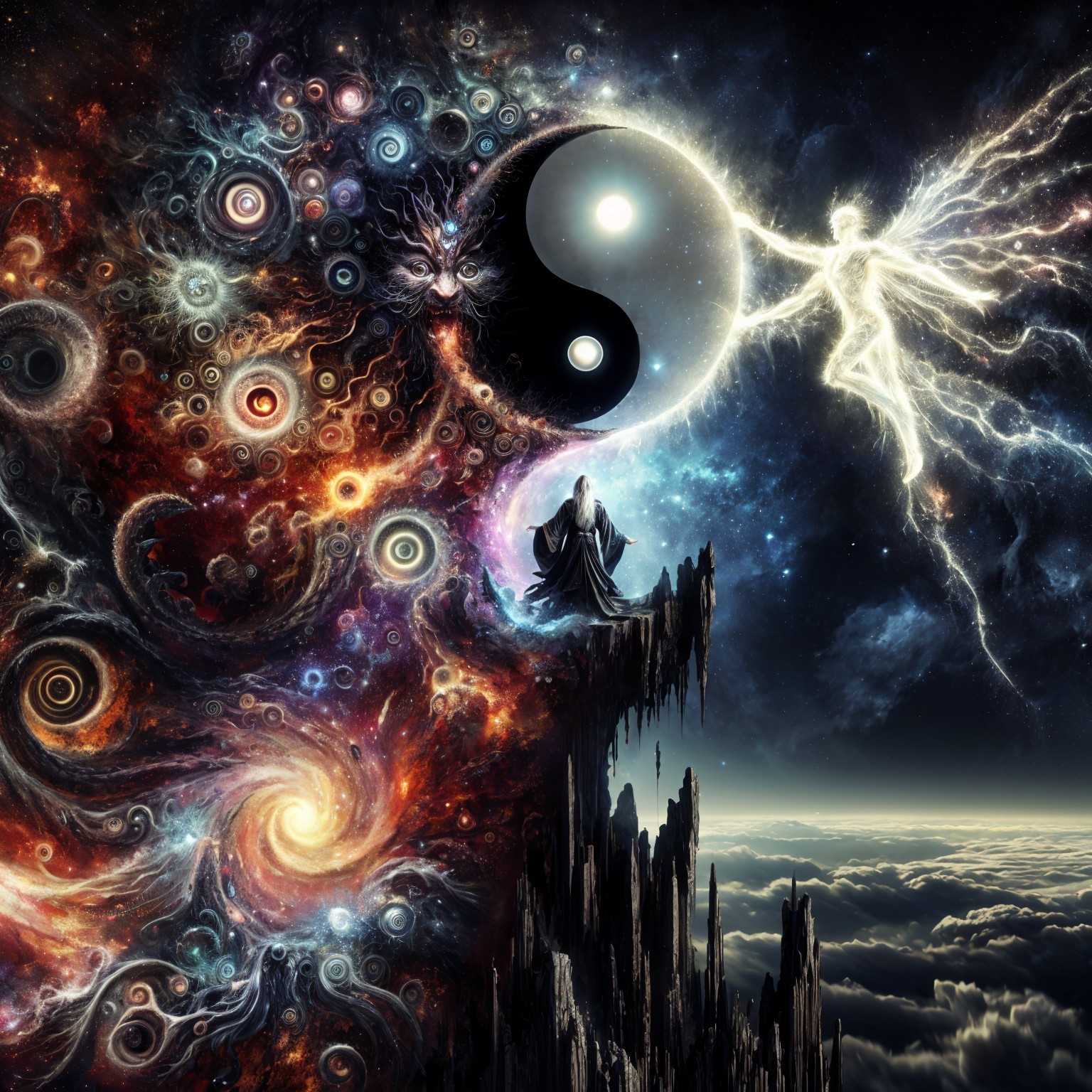 Meditative Figure on Cliff Amidst Cosmic Balance