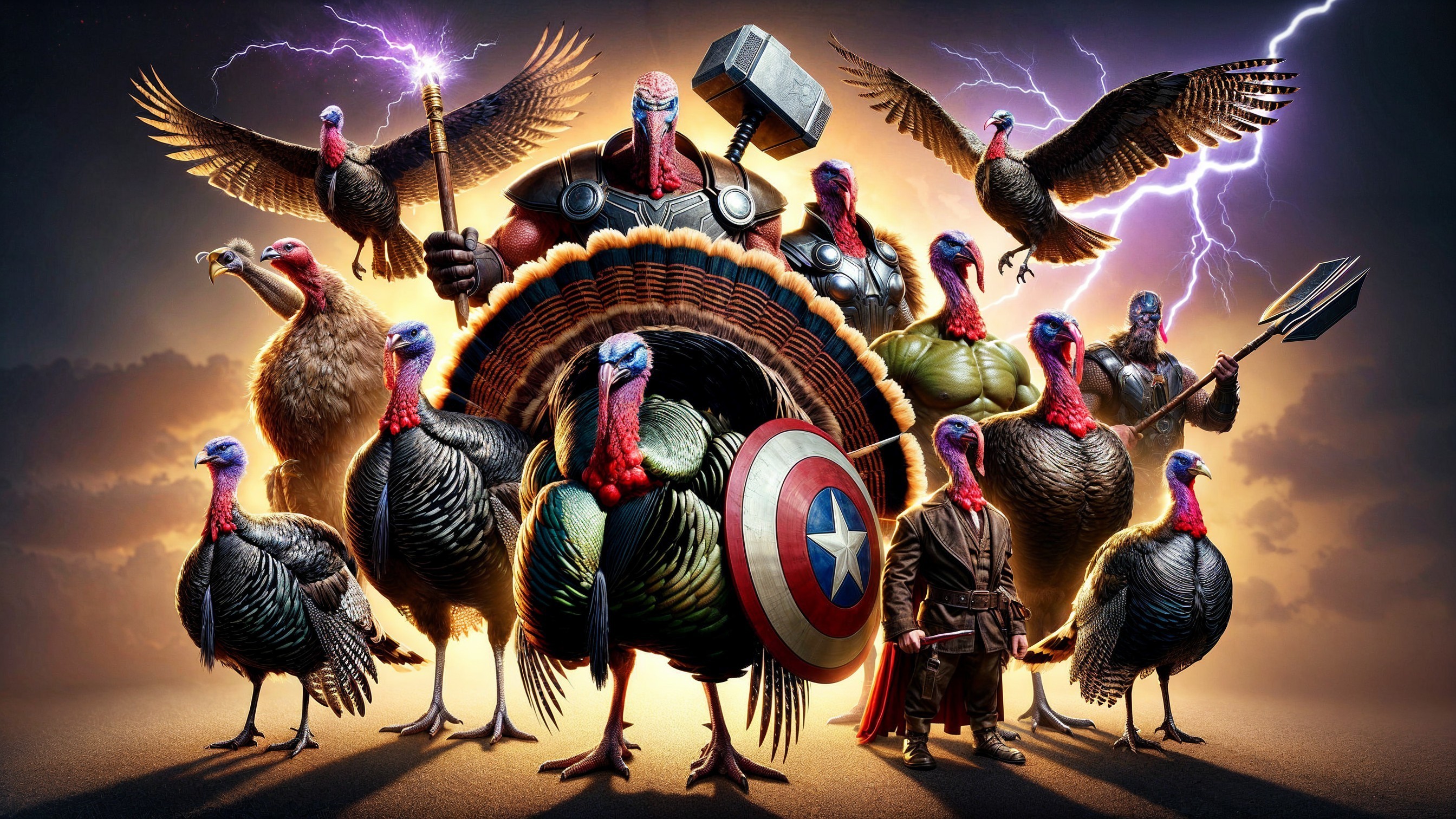 Anthropomorphic Turkeys in Heroic Stance with Hammer