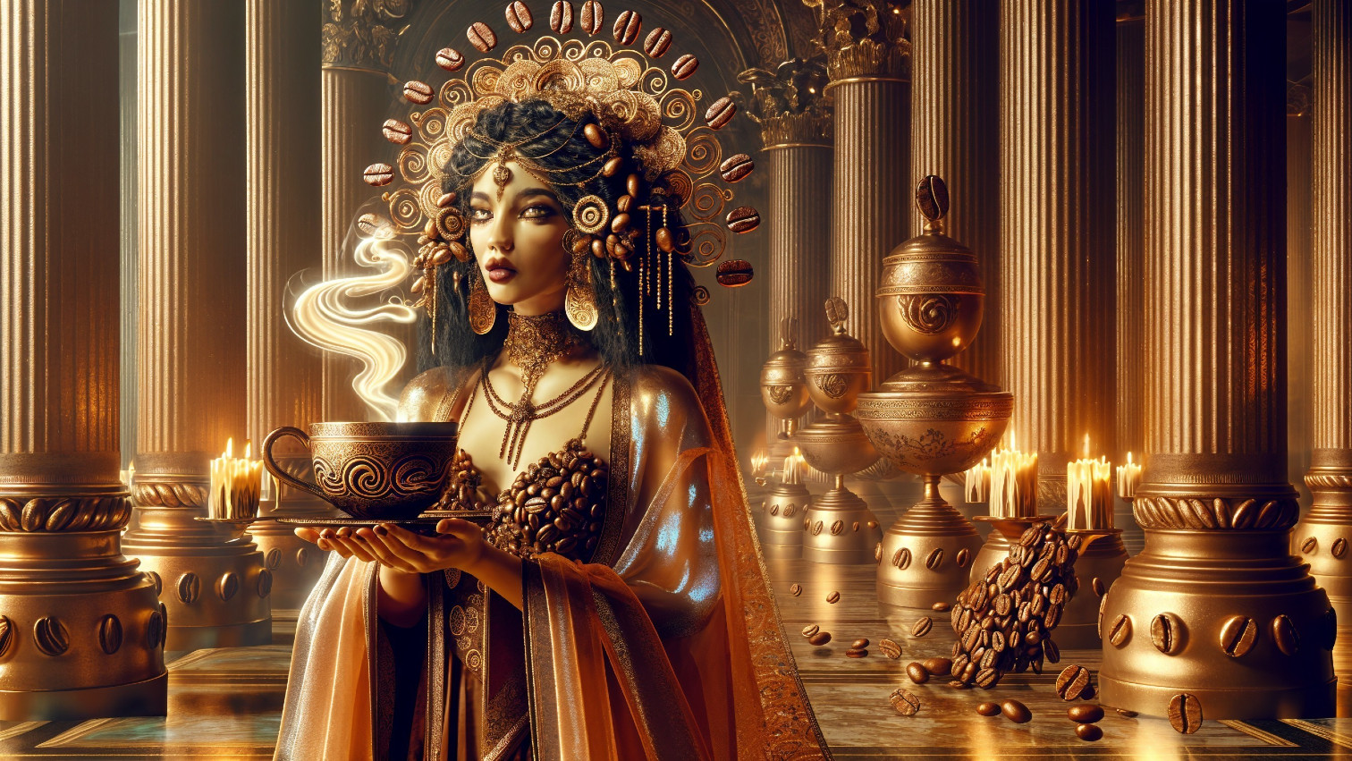 Regal Figure with Ornate Cup in Ancient Temple Setting
