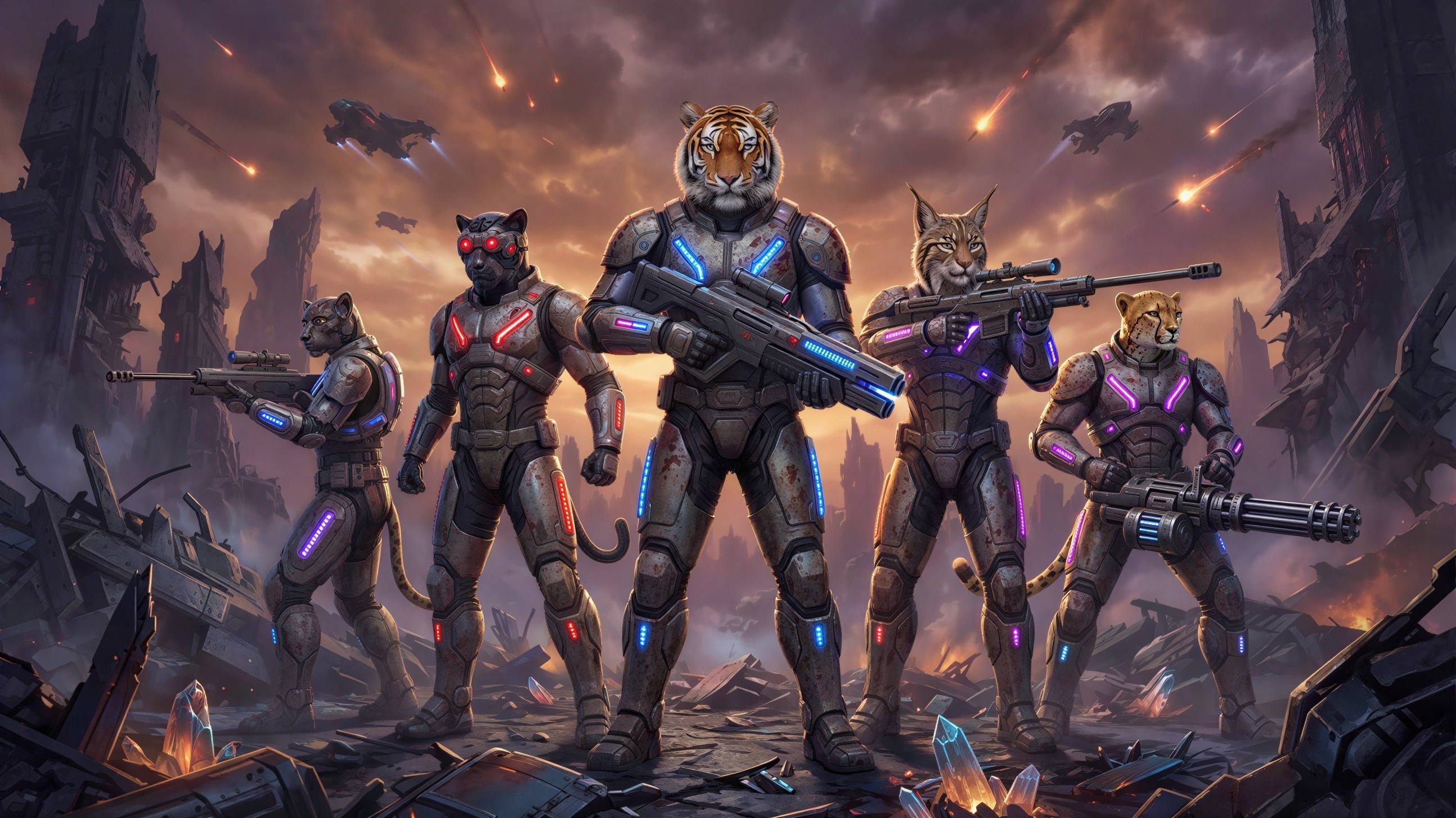 Feline Soldiers in Urban Warzone with Futuristic Gear
