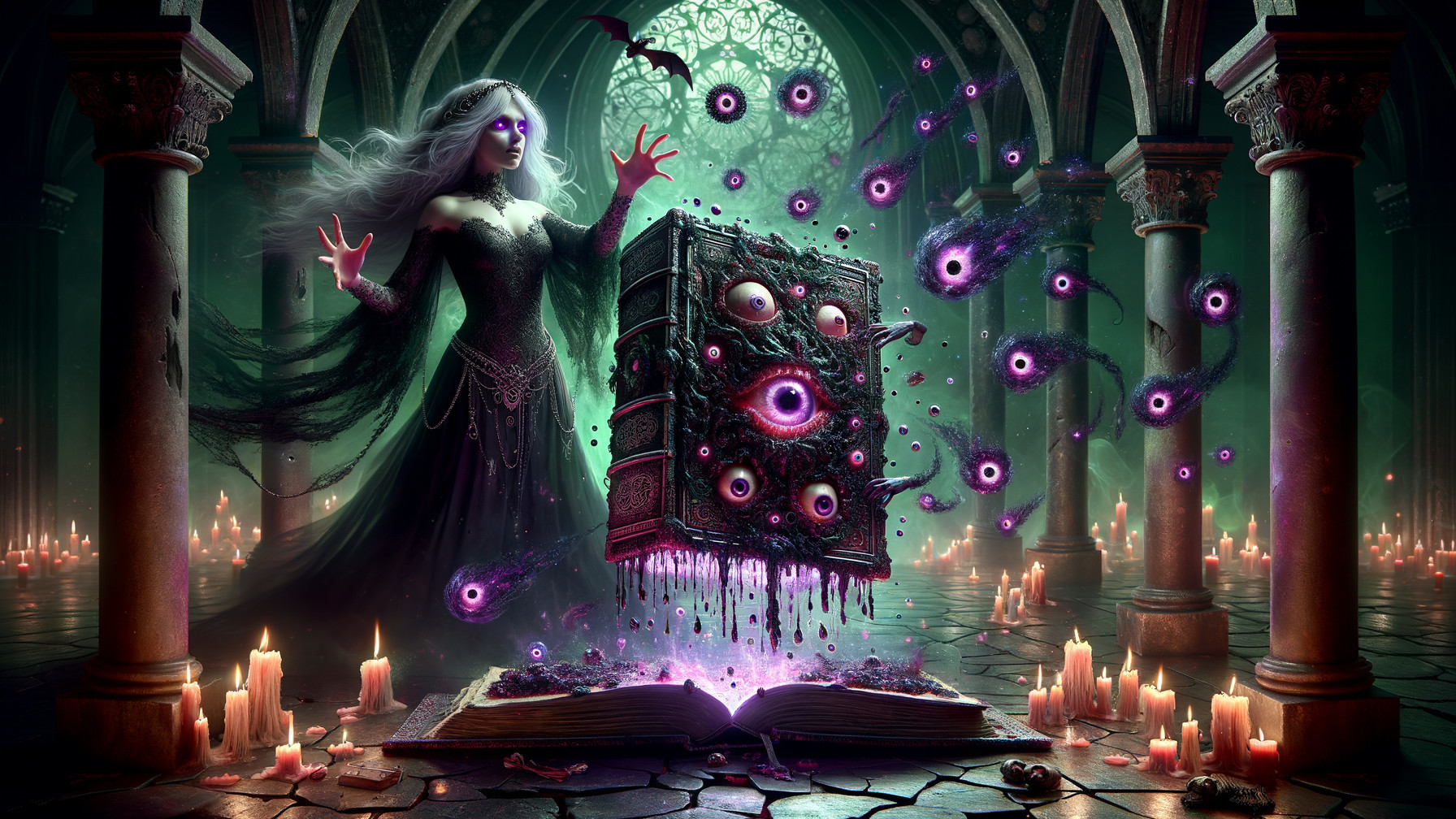 Mysterious Figure in Black Gown with Dark Energy Orbs