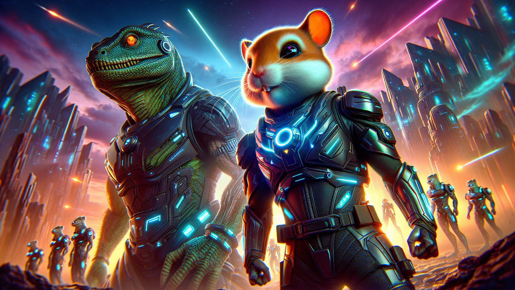 Futuristic Scene with Lizard and Hamster in Sci-Fi Setting