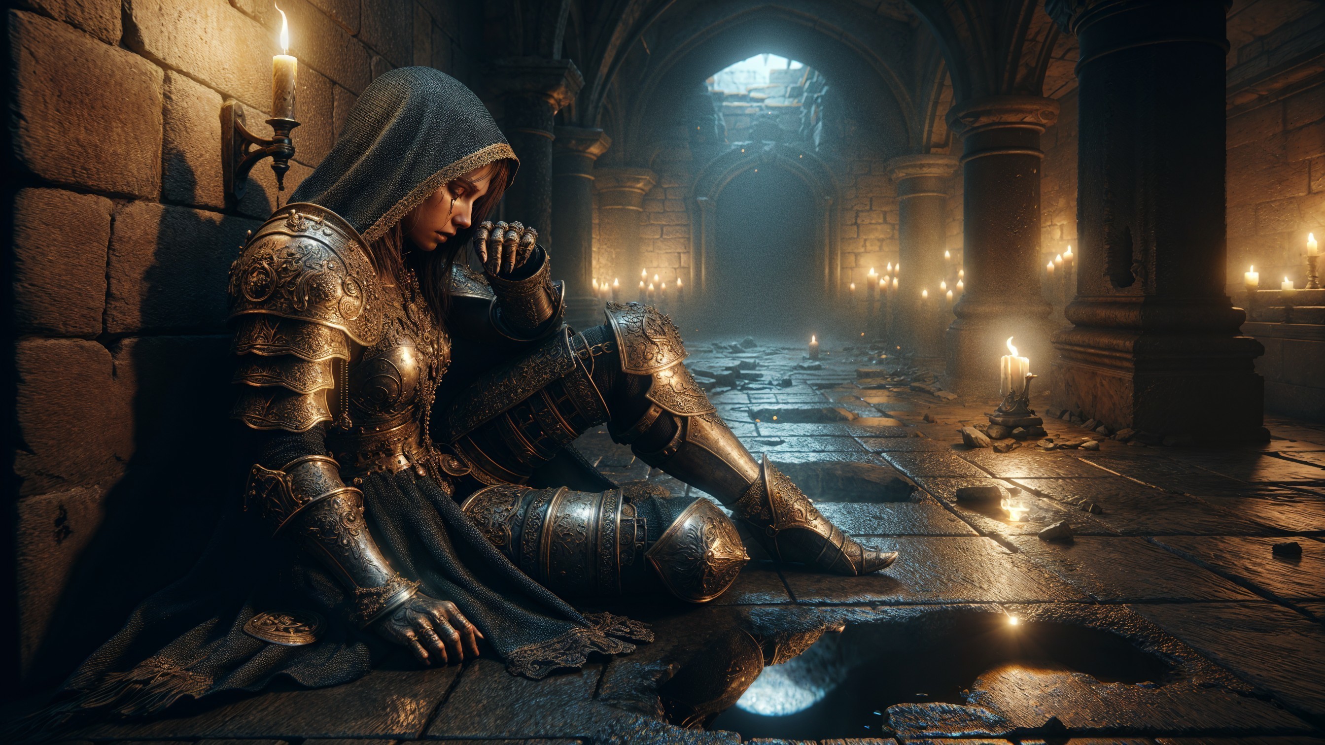 Armored Figure in Dimly Lit Stone Corridor with Candles