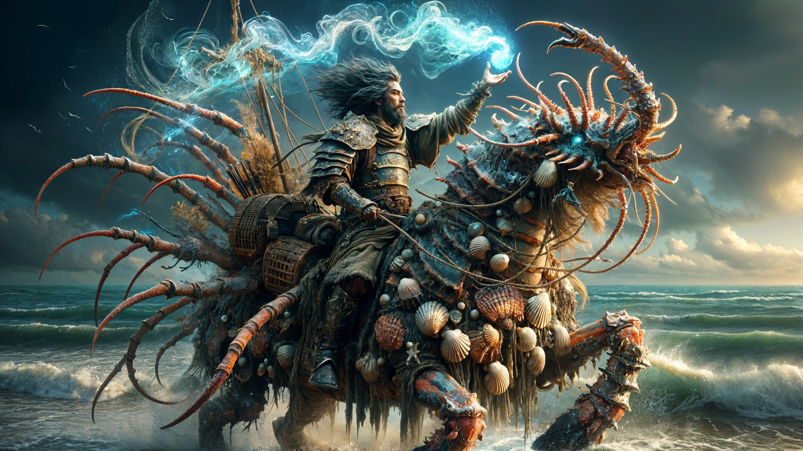 Warrior on Sea Creature in Turbulent Ocean Scene