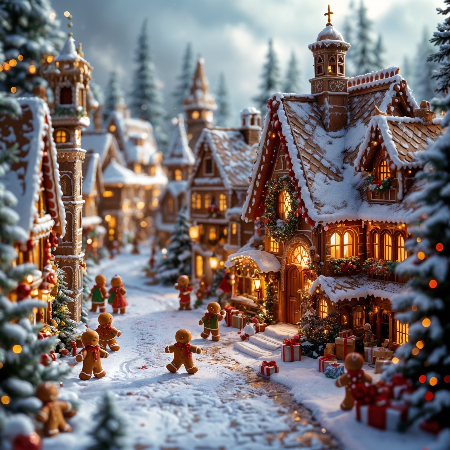 Gingerbread Village Decorated for Winter Festivities