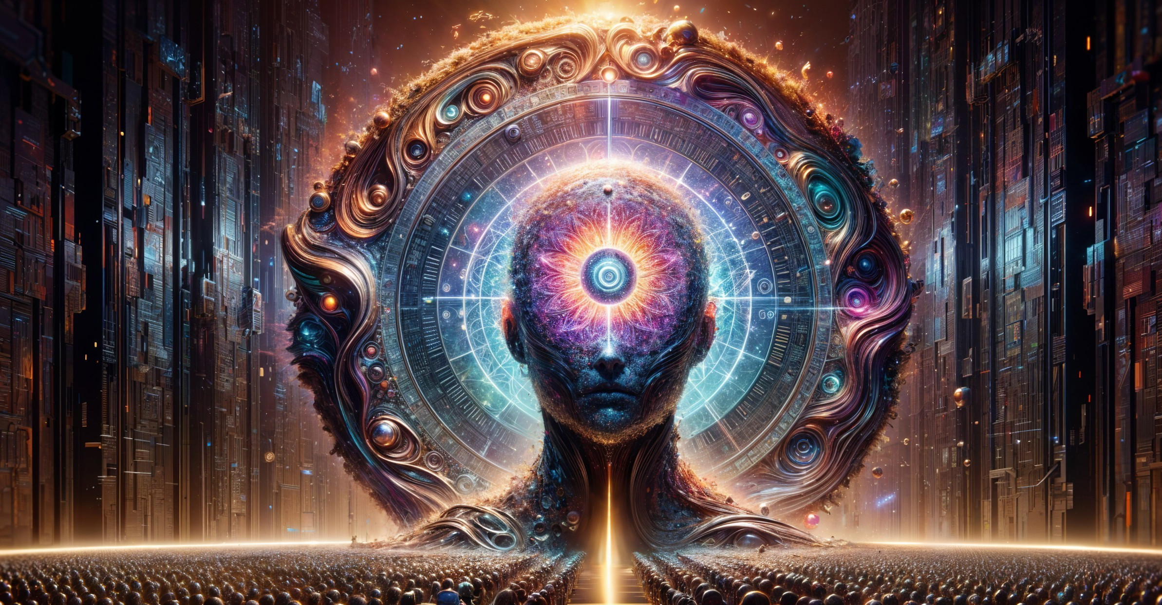 Surreal Human Figure with Cosmic Design and Cityscape