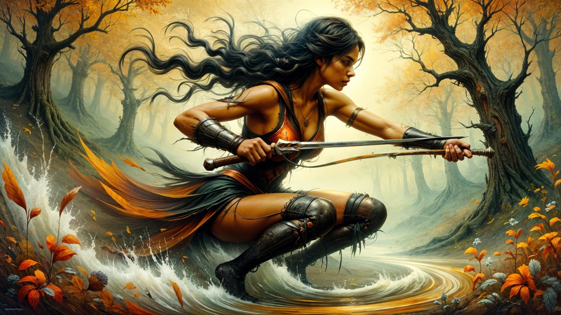 Warrior with Bow by Autumn Stream in Enchanted Forest