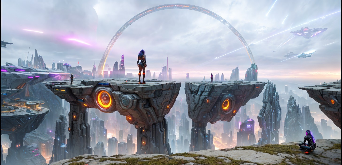 Futuristic Landscape with Floating Islands and Neon City