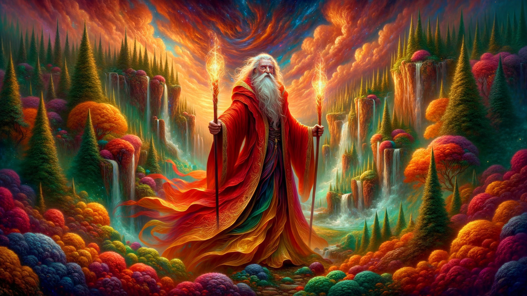 Majestic figure in red robe amid vibrant landscape