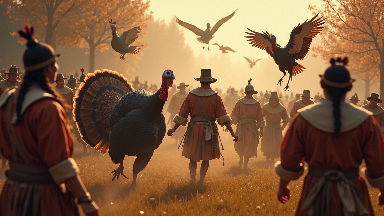Autumn Landscape with Historical Figures and Turkeys