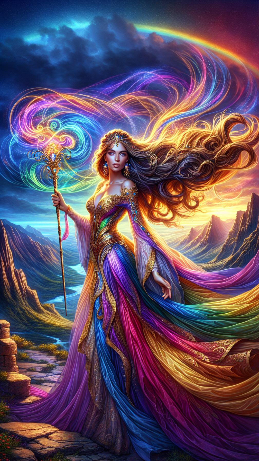 Mystical queen in vibrant gown on rocky ledge at sunset