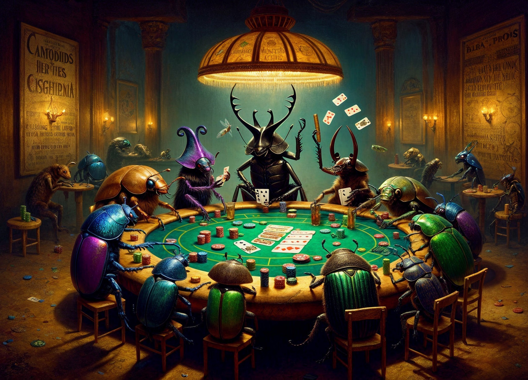 Beetles Playing Poker in Vintage Gambling Hall