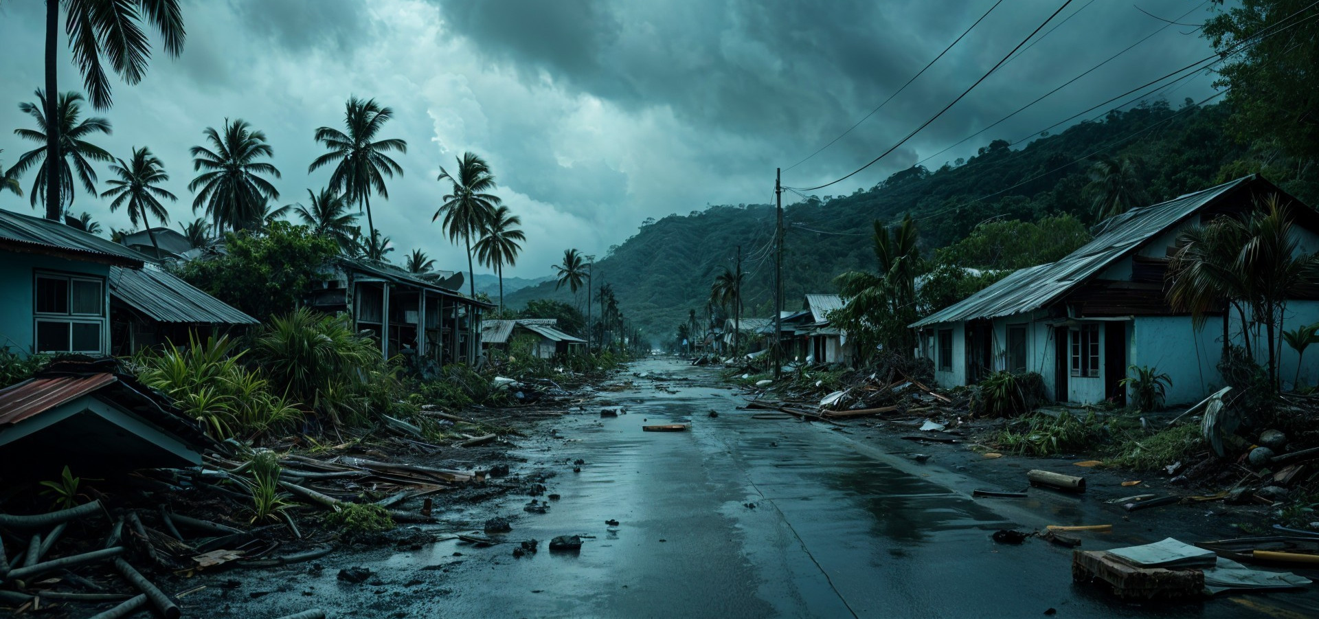 Desolate Village Landscape After Storm Damage