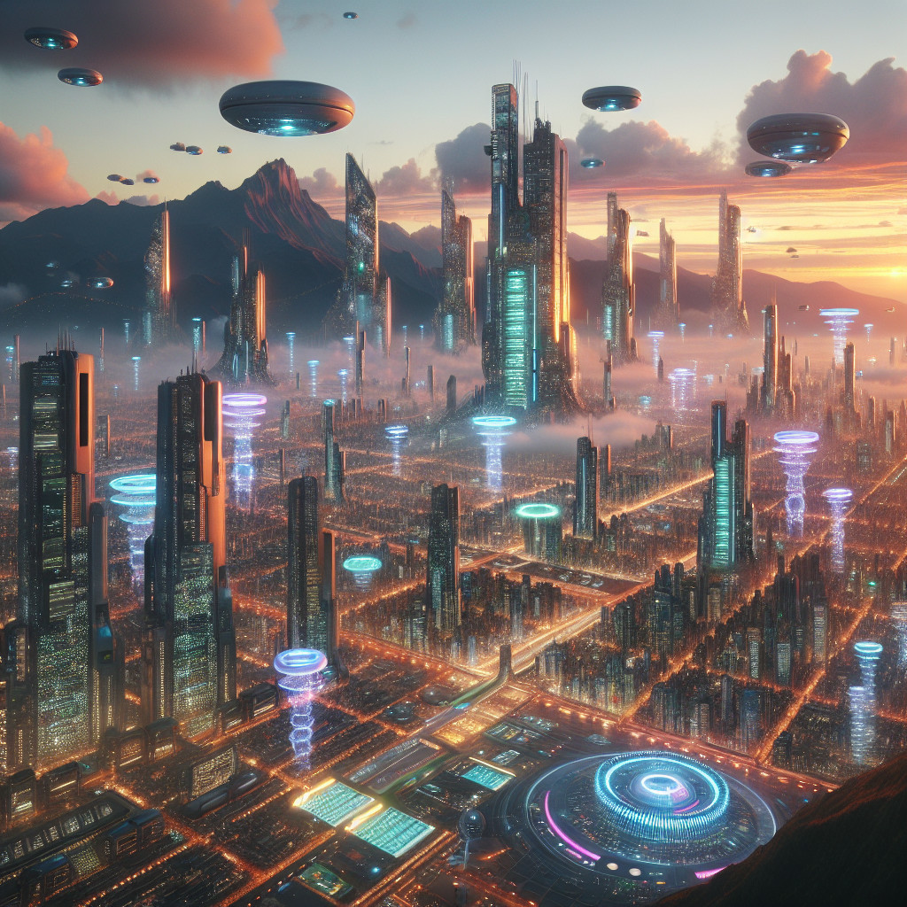 Futuristic cityscape at dusk with advanced technology