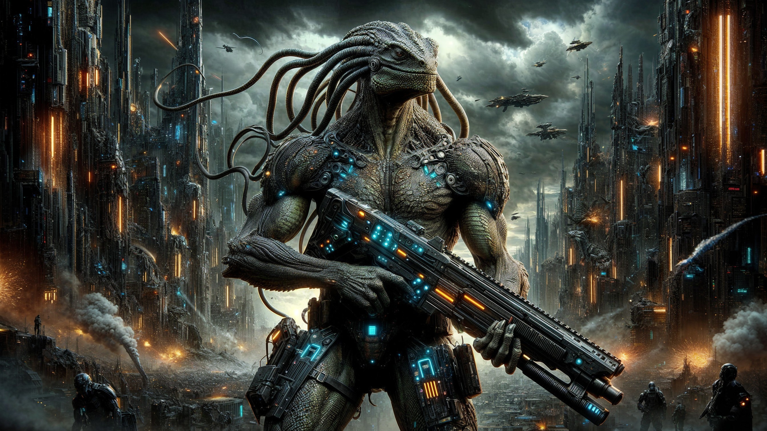 Alien Being in Dystopian City with Futuristic Gun