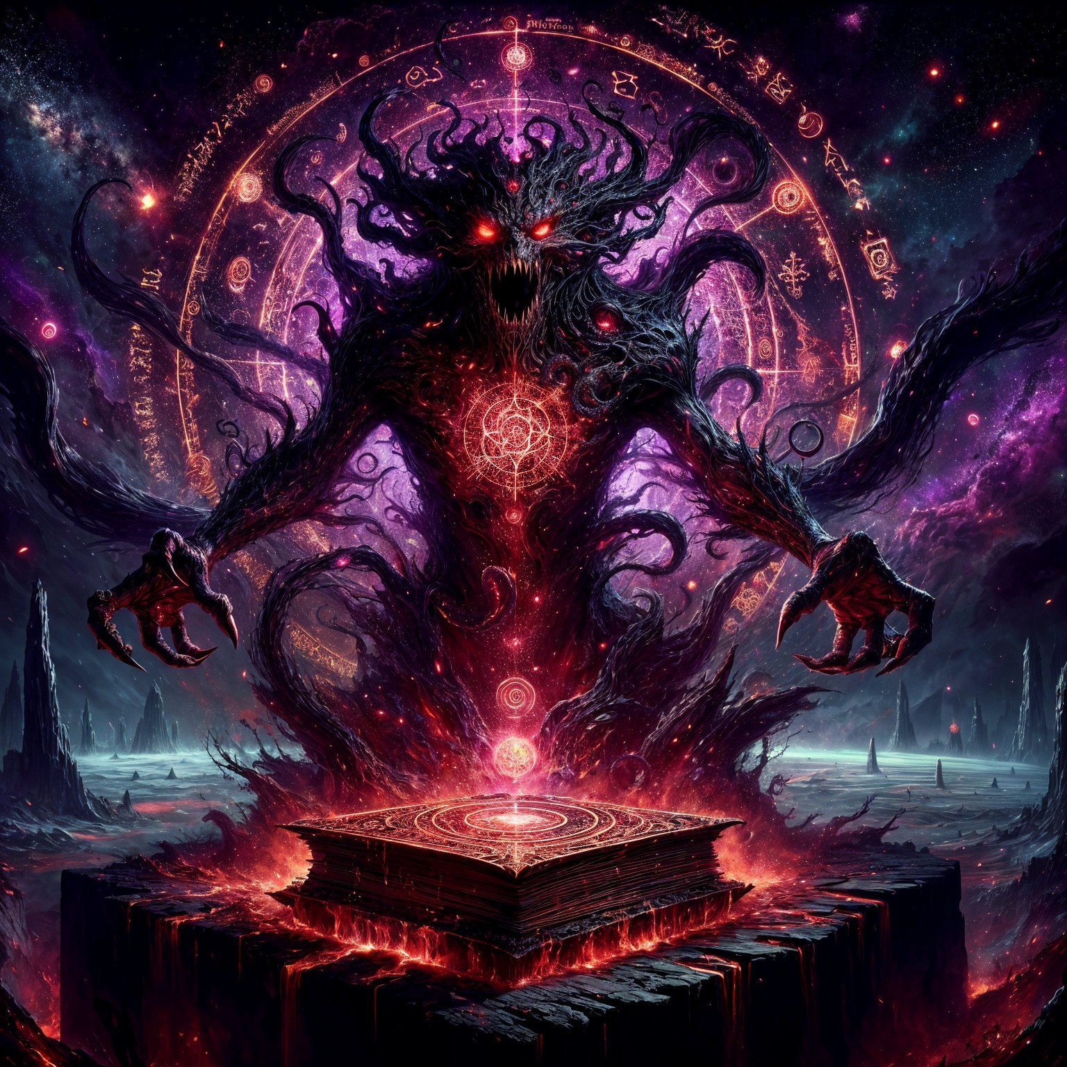 Menacing Figure in Cosmic Landscape with Ominous Book