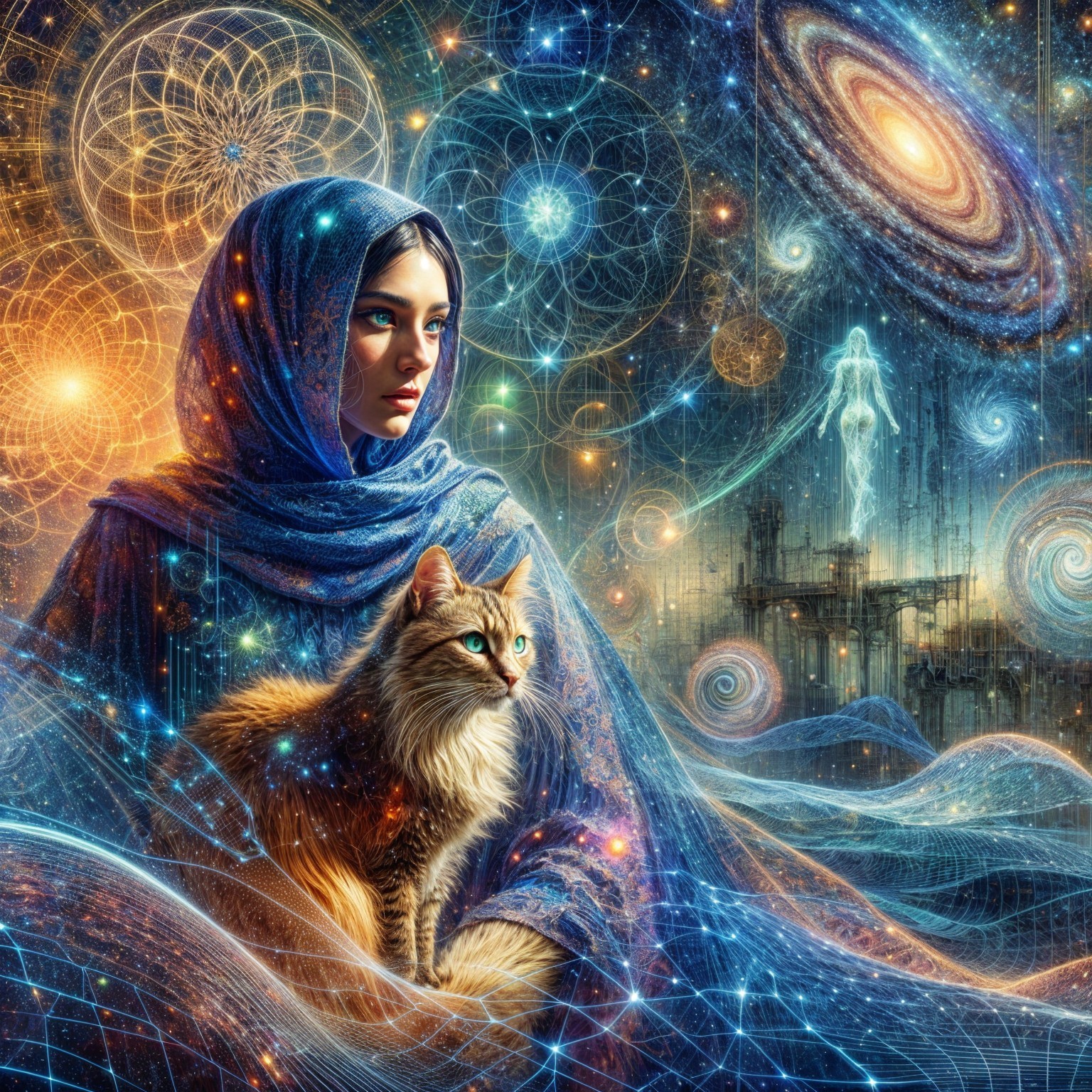 Mystical Woman in Blue Cloak with Cat in Cosmic Scene