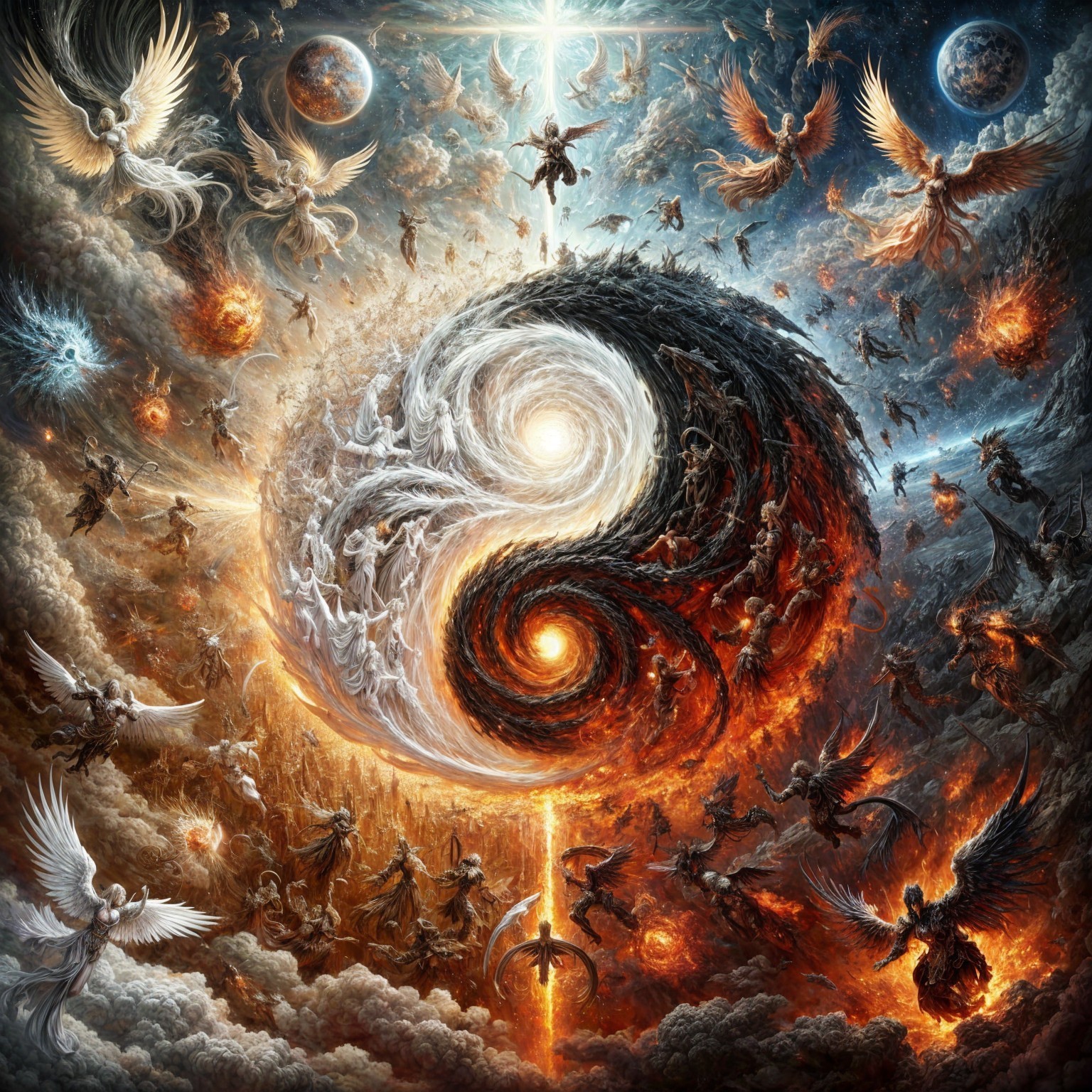 Cosmic Scene with Yin-Yang Symbol and Celestial Beings