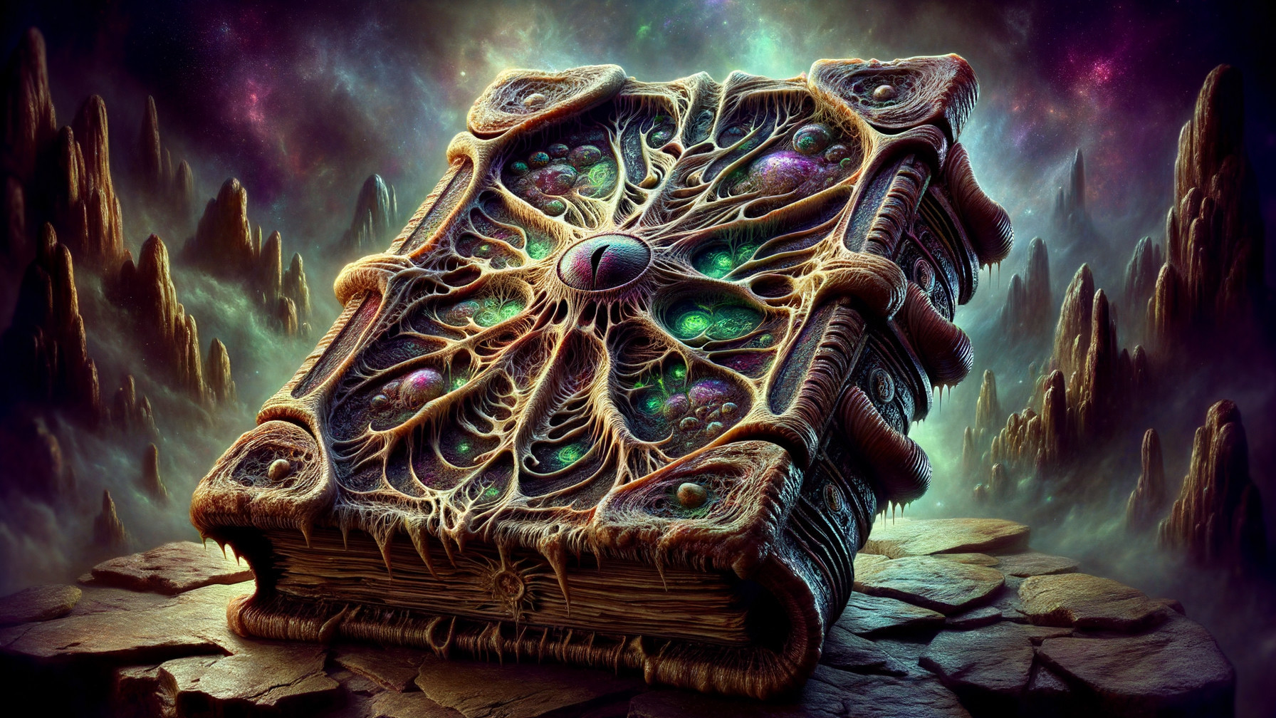 Ancient Book with Intricate Cover in Mystical Landscape