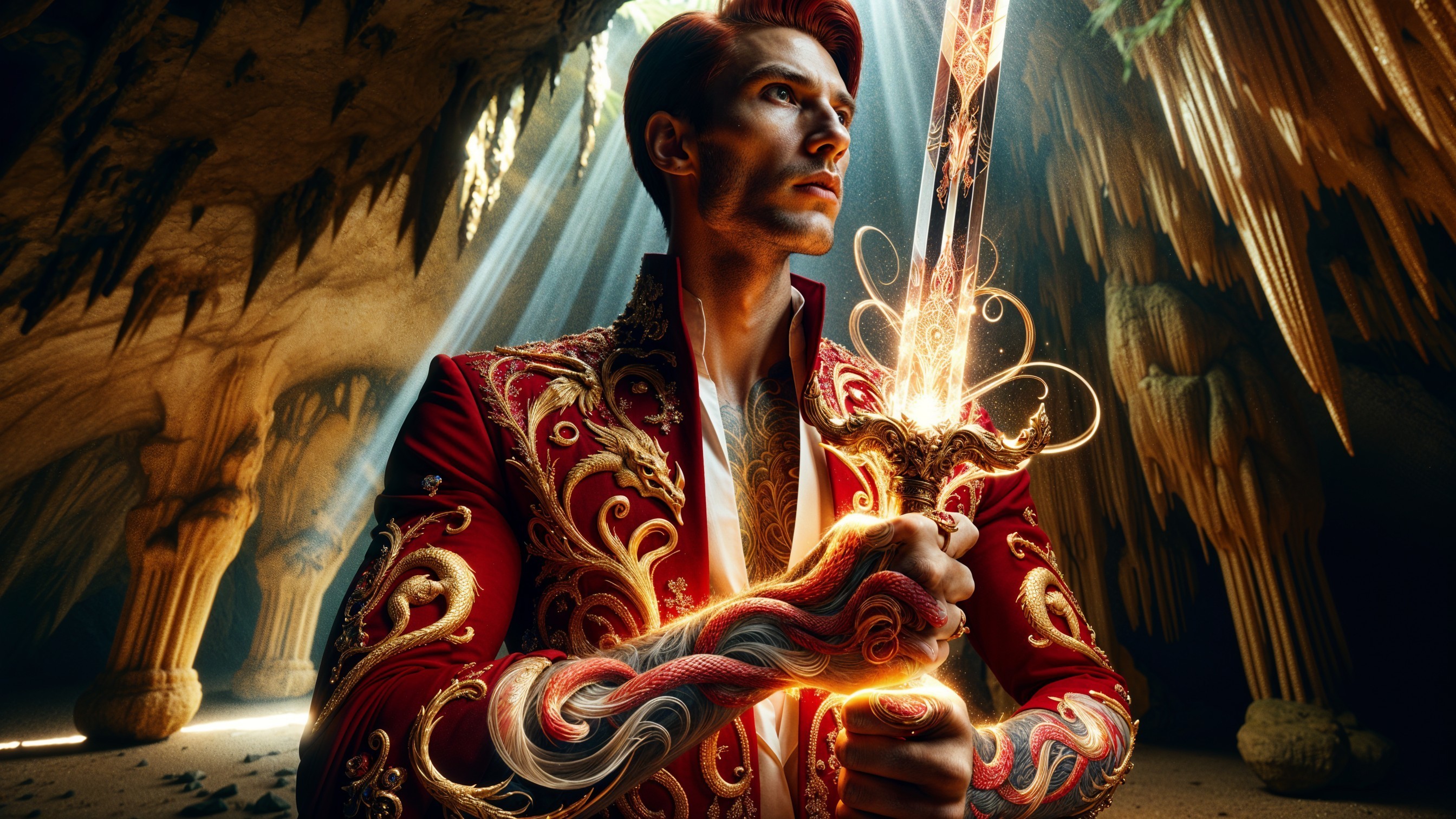 Mystical Cave Scene with Glowing Sword and Tattoos