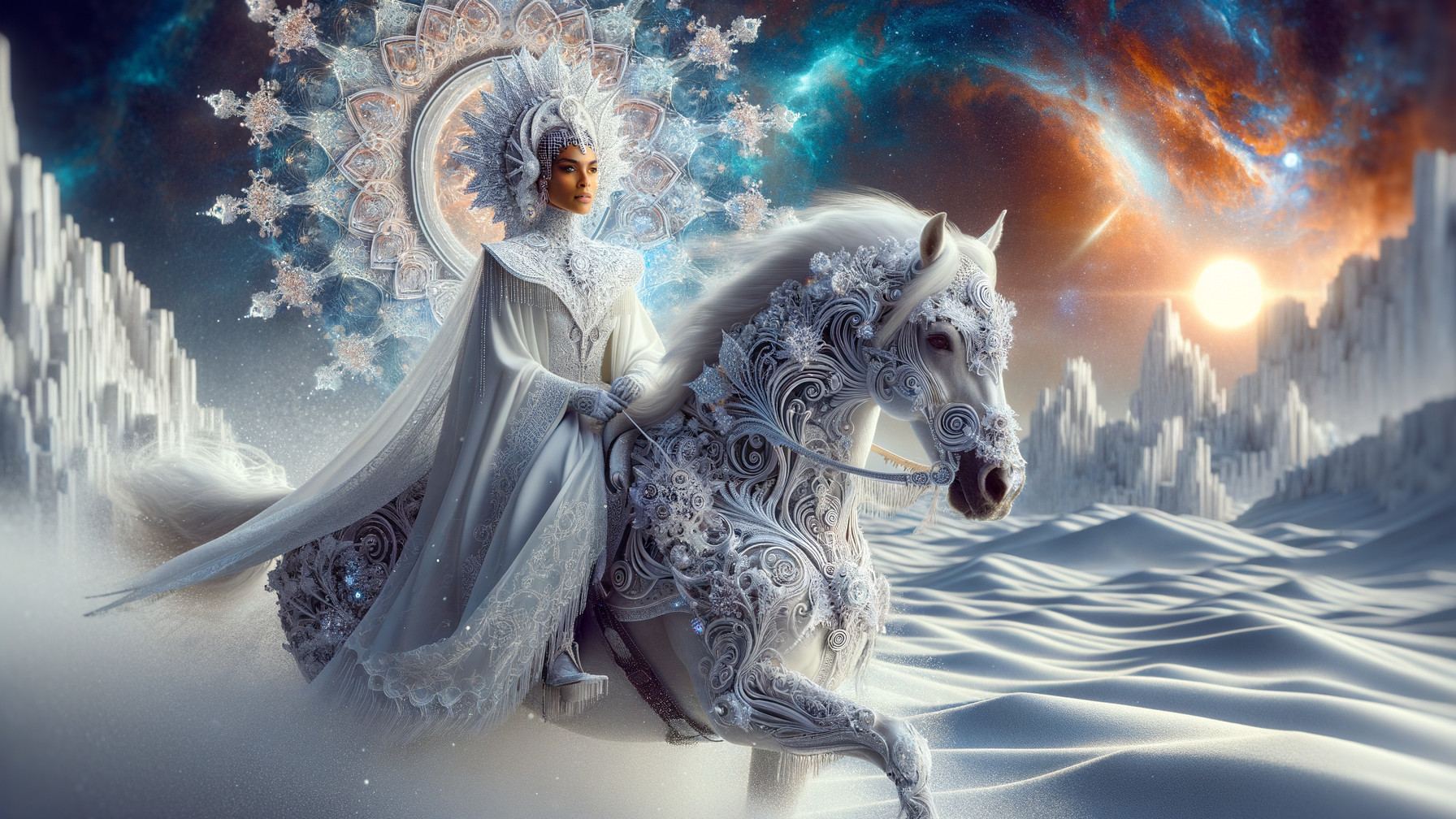 Majestic Rider on White Horse in Snowy Landscape