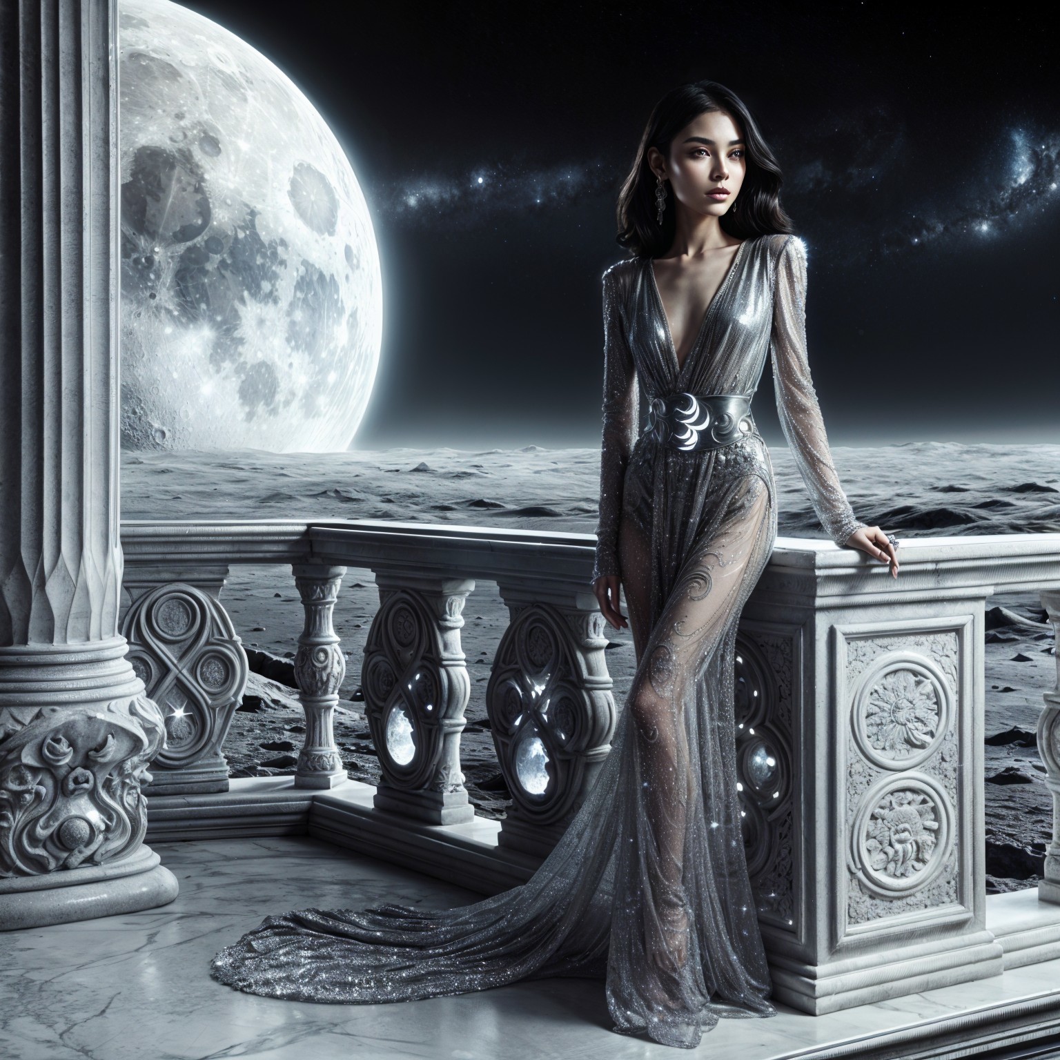 Celestial Balcony View of Moonlit Landscape and Woman