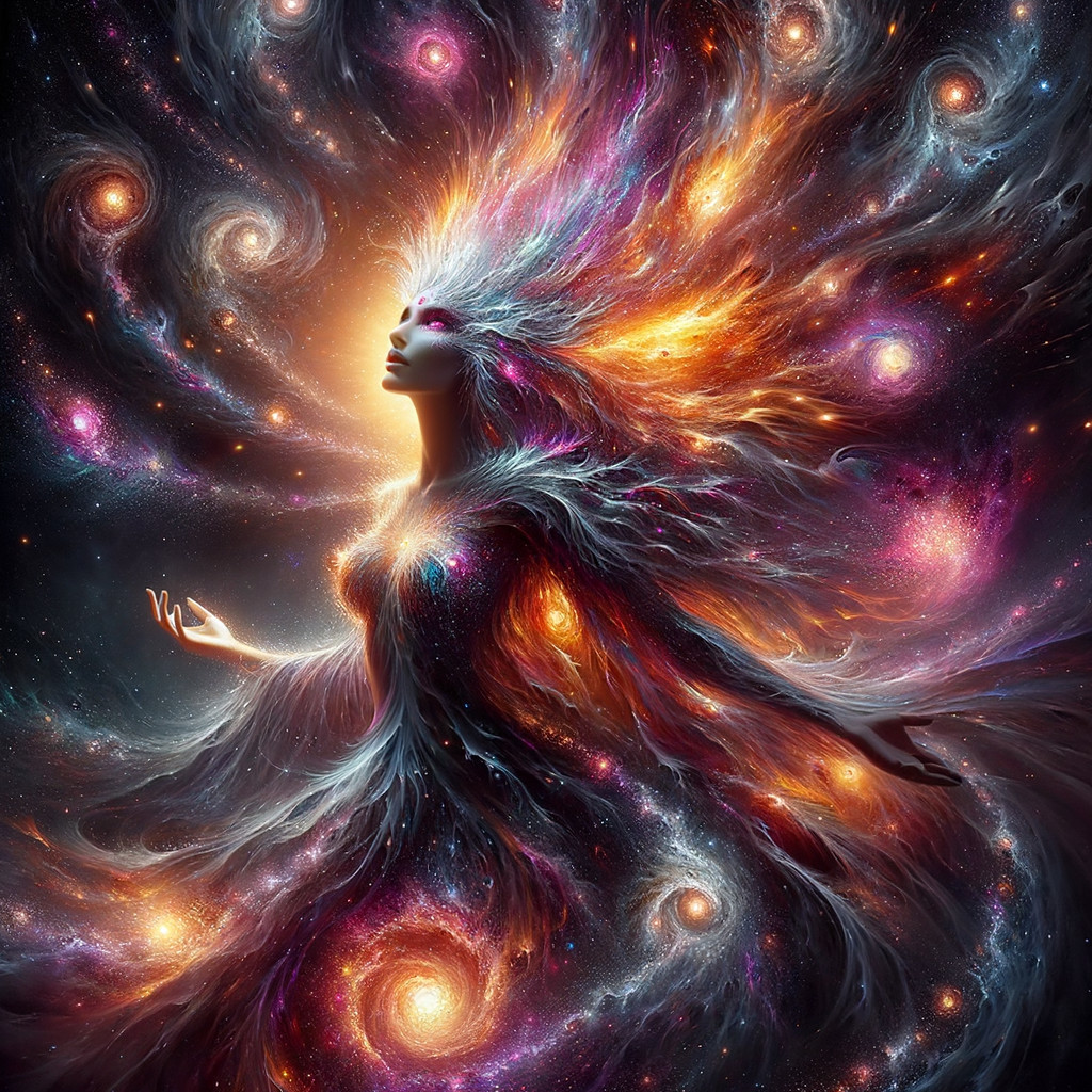 Mystical figure in cosmic gown against galaxy backdrop