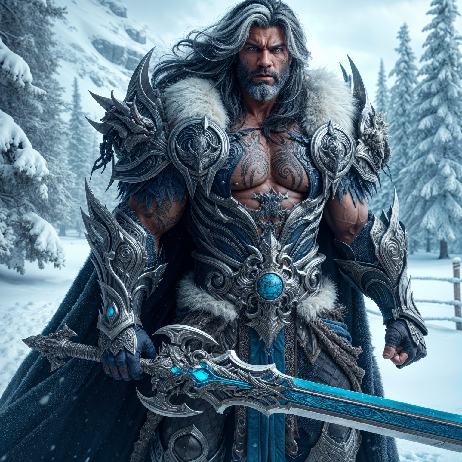 Warrior in Ornate Armor Against Snowy Landscape