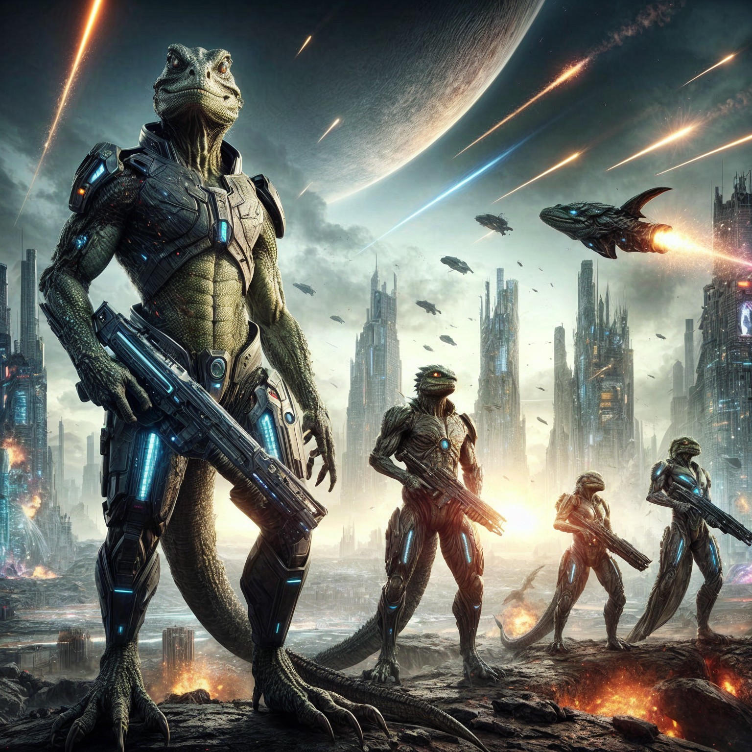 Reptilian Warriors in Futuristic Battle Landscape