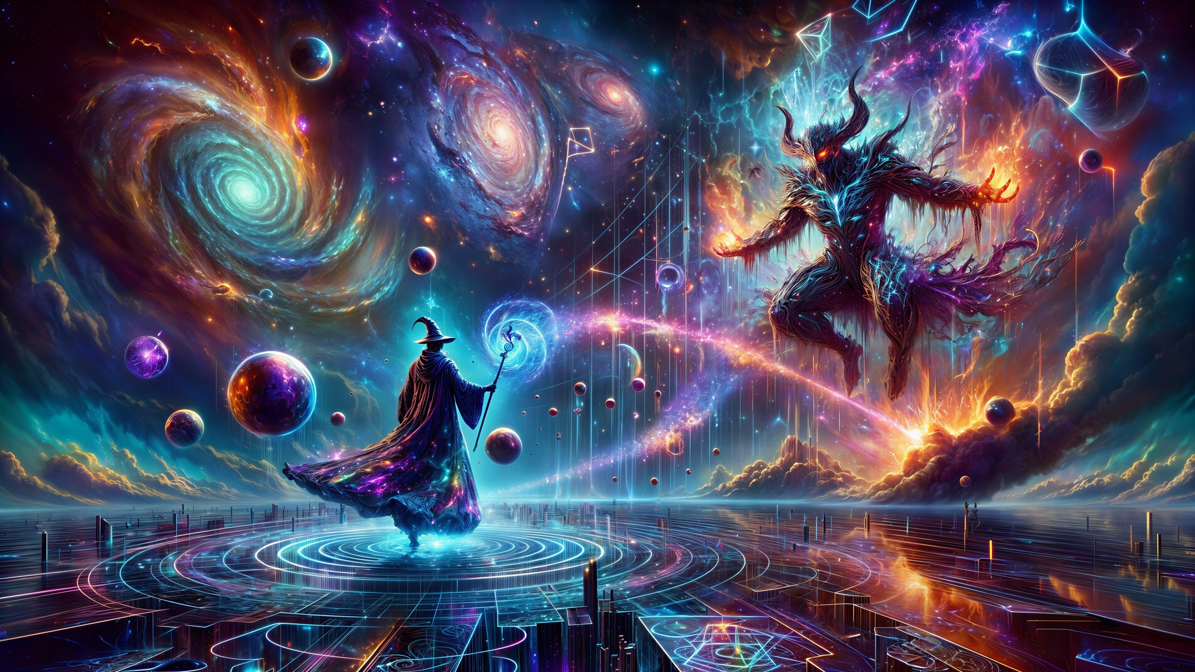Cosmic Confrontation of Wizard and Horned Figure