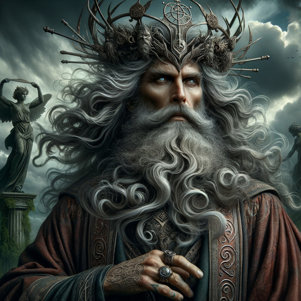 Majestic figure with silver hair in dramatic landscape