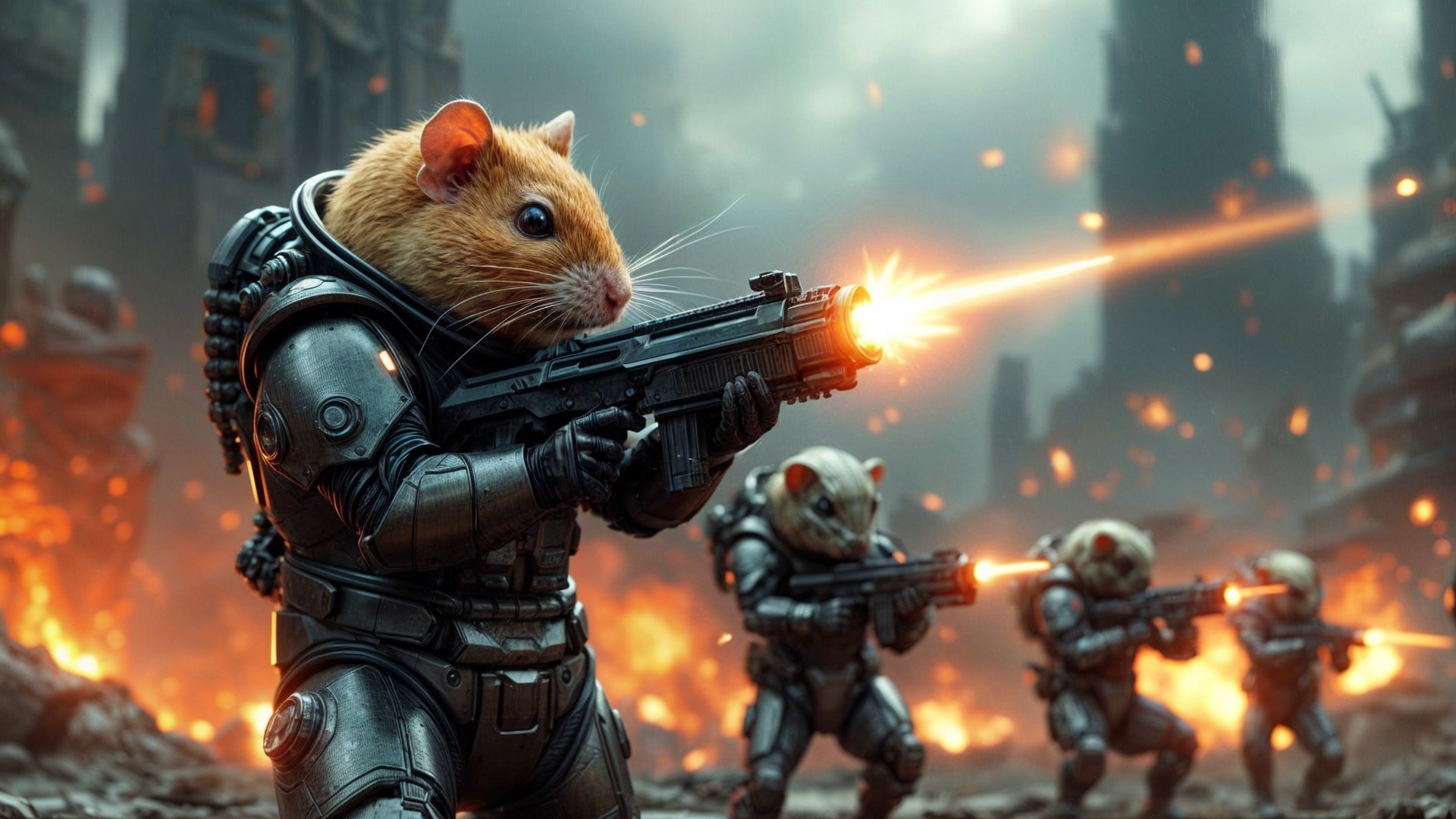 Armored Mice in Futuristic War-Torn Landscape